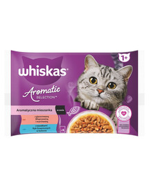 WHISKAS Adult Aromatic Mixture sachets 4x85 g nourriture complète humide pour chats adultes, en morceaux en sauce avec : porc glacé et carottes, avec morceaux de poisson de mer en bouillon