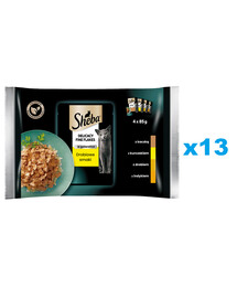 SHEBA Delicacy Fine Flakes Poultry Flavour Sachets 52x85g aliment complet humide pour chats adultes en morceaux gélifiés avec : canard, poulet, volaille, dinde
