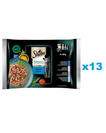SHEBA Nature's Collection Fish Flavours 52x85 g nourriture complète humide pour chats adultes en morceaux de sauce avec du thon, du saumon, du cabillaud, du poisson de mer