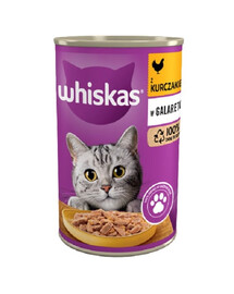 WHISKAS Adult boîte 400 g - nourriture complète humide pour chats adultes, morceaux de poulet en gelée