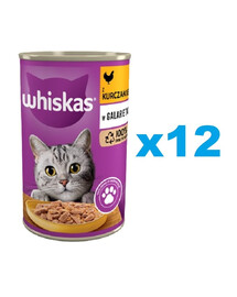 WHISKAS Adult boîte 12x400 g - nourriture complète humide pour chats adultes, morceaux de poulet en gelée