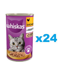 WHISKAS Adult boîte 24x400 g - nourriture complète humide pour chats adultes, morceaux de poulet en gelée