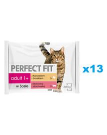 PERFECT FIT Adult 52x85g Nourriture humide pour chat à la sauce au poulet et aux petits pois, avec du bœuf et des carottes