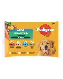 PEDIGREE Adult Vitality+ avec légumes sachets 4x85 g nourriture humide complète pour chiens adultes avec bœuf et foie, carottes et petits pois, avec poulet et pommes de terre, avec poisson et carottes, avec volaille, carottes et petits pois dans une sauce