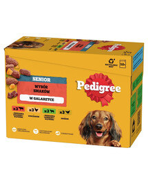 PEDIGREE Senior Choix des saveurs sachets 12x100 g nourriture humide complète pour chiens adultes avec un mélange de bœuf et de foie, avec du poulet, avec un mélange d'agneau et de foie, avec de la volaille en gelée