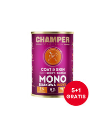 CHAMPER Coat Skin nourriture pour chiens à base de dinde monoprotéine 6 x 400 g (5+1 GRATUIT)