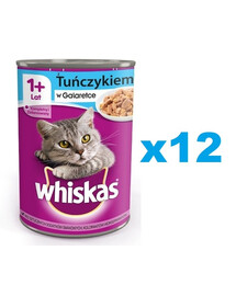 WHISKAS Adult boîte 12x400 g - aliment complet humide pour chats adultes, morceaux de thon en gelée