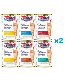BUTCHER'S Delicious Dinners Mix smaków w galaretce 12x400g kawałki z kurczakiem, z dziczyzną, z pstrągiem, z rybą morską, z wołowiną
