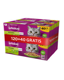 WHISKAS Adult 120x85g Smaki Rybne i Tradycyjne mokra karma dla kota w galaretce (z kurczakiem, z łososiem, z wołowiną, z tuńczykiem) + 40 saszetek GRATIS