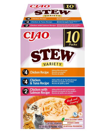 INABA Cat Ciao Stew Creamy Variety mélange de friandises au poulet, thon et saumon dans une sauce crémeuse 10x40g