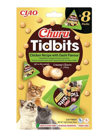INABA Cat Churu Tidbits Chicken Recipe with Dashi Flavor Des friandises douces et crémeuses au poulet, avec une saveur de bouillon dashi, pour chats 8x12g