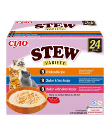 INABA Cat Ciao Stew Creamy Variety mélange de friandises au poulet, thon et saumon dans une sauce crémeuse 24x40g