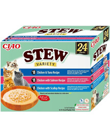 INABA Cat Ciao Stew Creamy Variety mélange de friandises au poulet, poisson et pétoncles dans une sauce crémeuse 24x40g