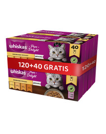 WHISKAS Pâtée Adult 120x85g Volaille en gelée (poulet, canard, volaille, dinde) + 40 sachets Offerts