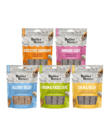 DOLINA NOTECI Smart Chews Mix 5 saveurs 5x100g soutien à la réduction du stress, soutien des fonctions cognitives, soutien à la digestion, soutien en cas d'allergies alimentaires, soutien de l'immunité, friandises séchées pour chien