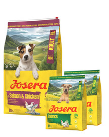 JOSERA Mini Adult Salmon & Chicken 10 kg recette sans gluten avec sauce pour petits chiens adultes + 2×900 g de croquettes offertes