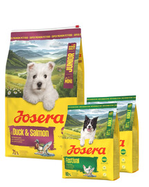 JOSERA Duck & Salmon Junior Mini 10 kg pour le développement harmonieux des chiots de petites races + 2×900 g de croquettes offertes