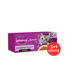 WHISKAS MIX aromatique pour chats adultes Pâtée en sauce avec porc et carottes, poulet, poisson de mer en bouillon, saumon et petits pois 120x85 g
