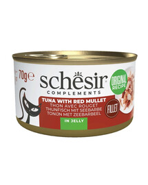 SCHESIR Complements Thon et barbenue en gelée, aliment humide d'appoint pour chats, 70 g