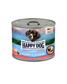HAPPY DOG Sensible Puppy Junior Poulet, saumon et pomme de terre – nourriture humide pour chiots et jeunes chiens – 200 g