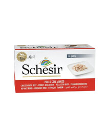 SCHESIR Poulet et bœuf en gelée, nourriture humide pour chiens, 4 x 85 g