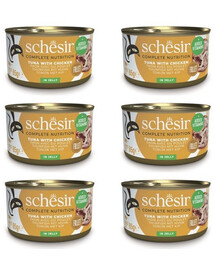 SCHESIR Thon et filets de poulet en gelée pour chats, 6 x 85 g