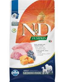 FARMINA N&D Pumpkin Dog Adult Medium & Maxi 2,5 kg agneau & myrtille pour chiens adultes + FARMINA N&D Pumpkin Dental Treat Lamb & Blueberry Medium/Maxi 100 g (7 pcs) GRATUIT