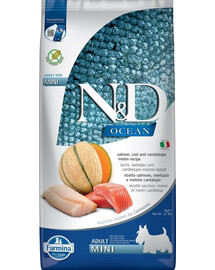 FARMINA N&D Ocean Dog Adult Mini 7 kg saumon, cabillaud & melon cantaloup pour chiens adultes de petites races + FARMINA N&D Tropical Selection Dental Treat Chicken Mini 60 g (7 pcs) GRATUIT