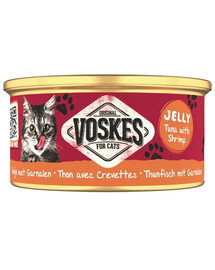VOSKES Jelly Tuna with Shrimp 24 x 85 g : 100 % de thon aux crevettes en gelée, aliment complémentaire pour chat