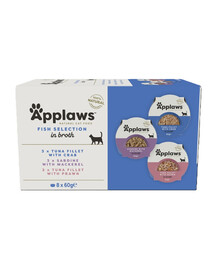 APPLAWS Cat Adult Multipak Fish Selection Multipak in Broth 8x60 g mélange de saveurs avec du poisson dans un bouillon servi dans un bol