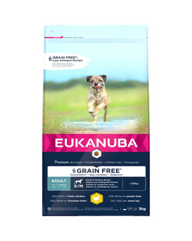 EUKANUBA Adult Grain Free S/M - riche en poulet frais pour chiens adultes de petite et moyenne race - 3 kg