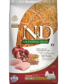 FARMINA N&D Ancestral Grain Dog Chicken, Spelt, Oats and Pomegranate Senior Mini 2.5 kg - Poulet, épautre, avoine, grenades pour chiens âgés de petites races