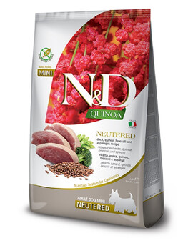 FARMINA N&D Quinoa Dog Duck, Broccoli & Asparagus Neuterad Adult Mini - Canard, quinoa, brocoli, asperges pour chiens adultes de petites races & castrés - 800 g