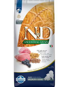 FARMINA N&D Low Grain Medium & Maxi Lamb & Blueberry Puppy - Faible teneur en céréales, agneau et myrtilles pour chiots de tailles moyennes et grandes - 12 kg