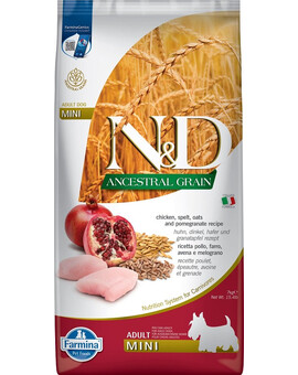 FARMINA N&D Ancestral Grain Chicken & Pomegranate Adult Mini Dog - Poulet, grenades et céréales pour chiens adultes de petites races - 7 kg