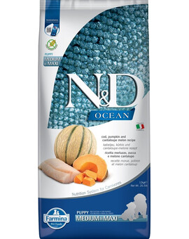 FARMINA N&D Ocean Dog Puppy Medium & Maxi cod, pumpkin & cantaloupe melon 12 kg - morue, potiron & melon cantaloup pour chiots de races moyennes & grandes