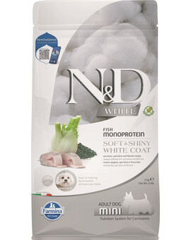 FARMINA N&D White Dog Adult Mini Sea Bass, Spirulina & Fennel - 2 kg - pour chiens adultes de petites races au pelage blanc avec bar, spiruline & fenouil