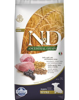 FARMINA N&D Ancestral Grain Dog Lamb & Blueberry Puppy Mini - Agneau, myrtilles et céréales pour chiots de petites races - 7 kg