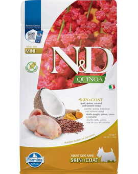 FARMINA N&D Quinoa Skin&Coat Mini - Caille, quinoa, curcuma & noix de coco pour favoriser la peau et le pelage des chiens adultes de petites races - 800 g