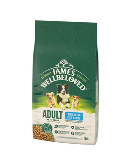 JAMES WELLBELOVED Adult Croquettes complètes pour chiens adultes de 1 à 7 ans, riches en poisson et en riz 12 kg