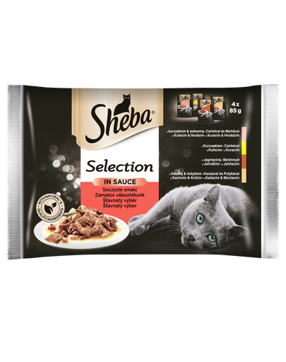 SHEBA sachet 52 x 85 g Selection in Sauce Juicy Flavours - nourriture humide pour chats en sauce (boeuf, agneau, poulet, dinde) + gamelle gratuite