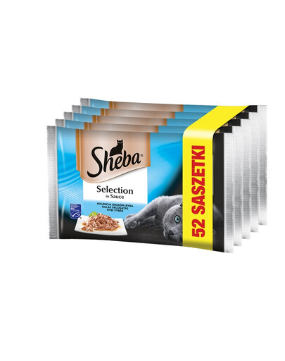 SHEBA sachet 52x85g Selection in Sauce Fish Flavours - nourriture humide pour chats en sauce (poisson blanc, saumon, cabillaud, thon) + gamelle gratuite