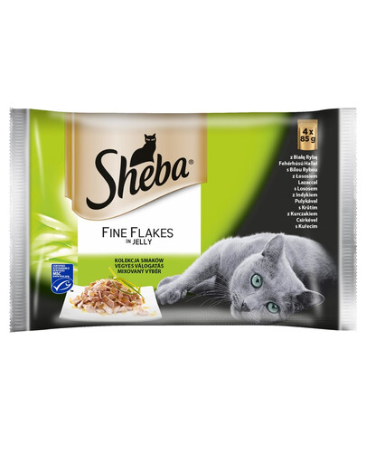SHEBA sachet 13x4x85g Fine Flakes in Jelly - nourriture humide pour chats en gelée (avec poisson blanc, avec saumon, avec dinde, avec poulet) + gamelle gratuite