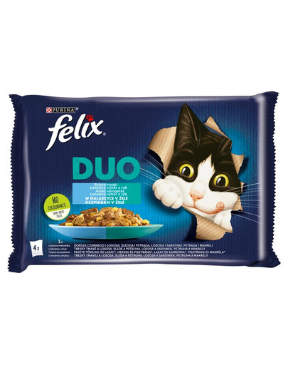 FELIX Duo Saveurs de poisson en gelée (Cabillaud noir et saumon, hareng et truite, saumon et sardines, truite et maquereau) 48x85g de pâtée pour chat