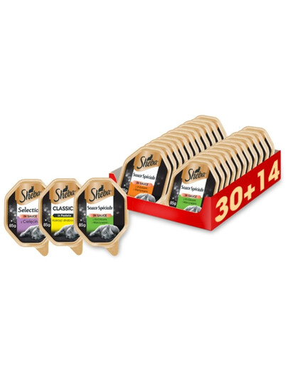 SHEBA Saveurs mélangées (dinde et légumes, lapin et légumes, veau, cocktail de volaille) 44 x 85g (30 + 14 gratuit)