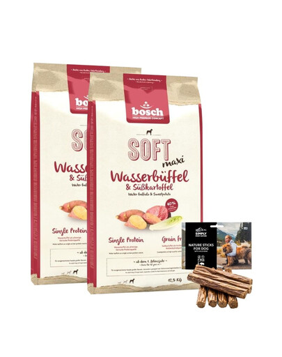 BOSCH Soft Maxi Aliment sec avec buffle d'eau et patate douce 2x12,5 kg + SIMPLY FROM NATURE Cigares naturels en sanglier 7 pièces