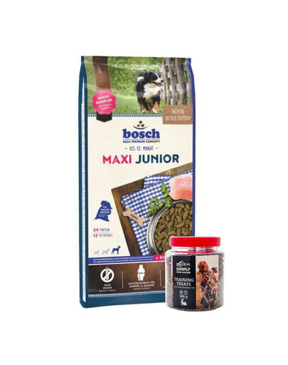 BOSCH Maxi Junior Aliments secs à base de volaille pour chiots 15 kg + SIMPLY FROM NATURE Friandises de dressage avec lièvre 300 g
