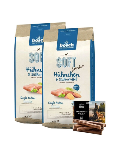 BOSCH Soft junior poulet et ignames 2 x 12,5 kg + cigares naturels à la viande de bœuf 7 pcs.