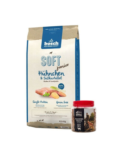 BOSCH Soft junior poulet et ignames 12,5 kg + friandises d'entraînement au bœuf 300 g