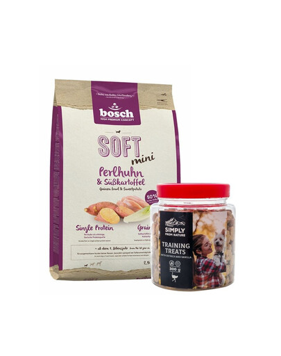 BOSCH Soft Mini Aliment sec avec pintade et patates douces 2,5 kg + SIMPLY FROM NATURE Friandises de dressage avec de l'autruche 300 g